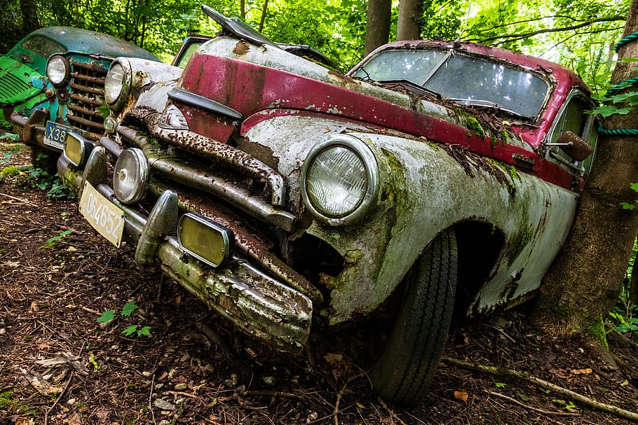 auto, car cemetery, historically, oldtimer, wreck, rusted, car wreck, HD wallpaper