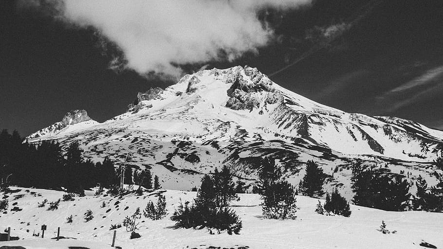 grayscale photography of snow mountain, grayscale photography of glacier mountain under cloudy skies HD wallpaper