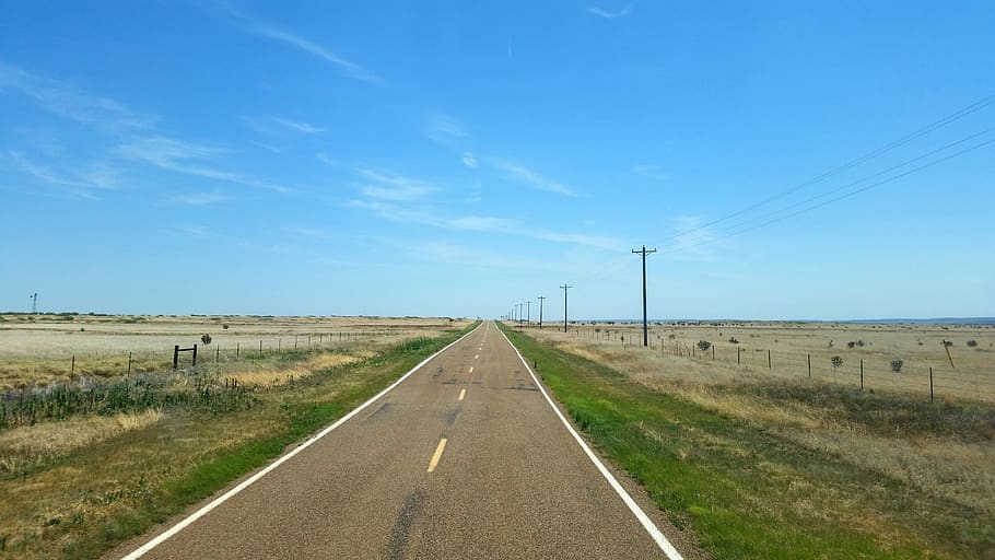 road, grass, blue, sky, the way forward, landscape, transportation HD wallpaper