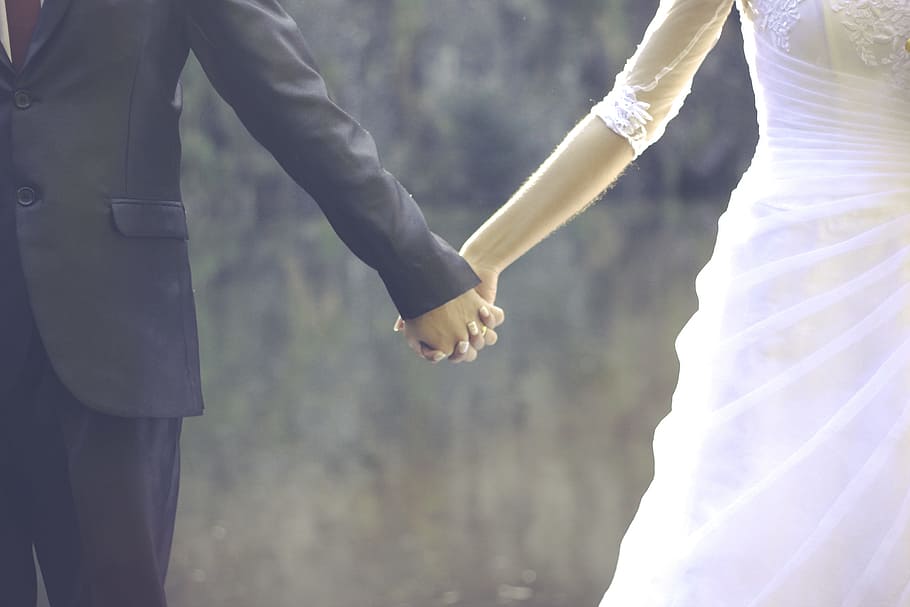bride and groom holding hands during daytime, marriage, love