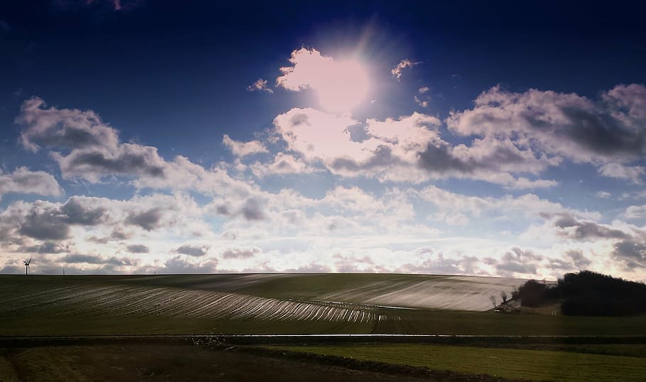 sun, clouds, sky, meadow, snow, clouds form, fields, rural HD wallpaper