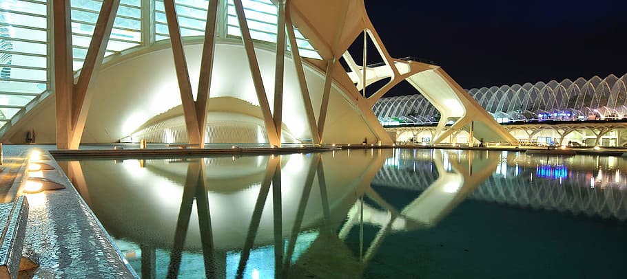 Architecture, Santiago Calatrava, reflection, water, pond, city