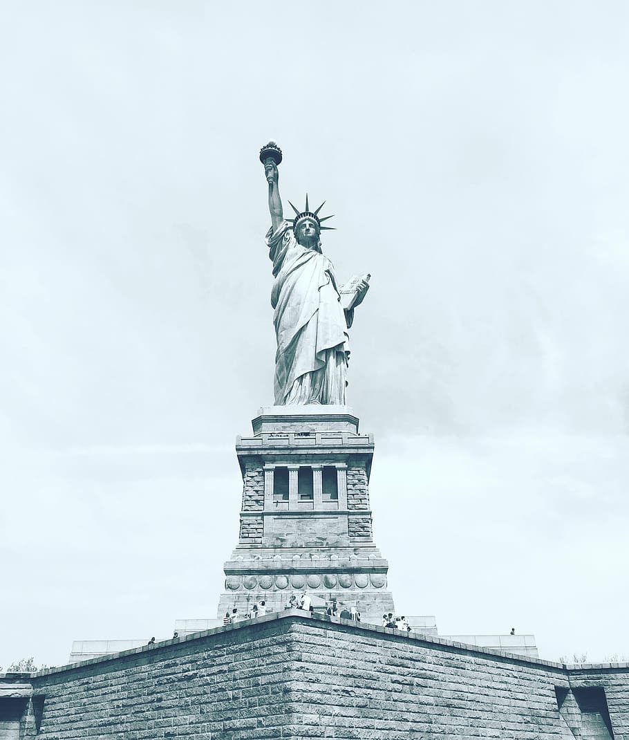 closeup photo of Statue of Liberty, blue, sky, clouds, sculpture