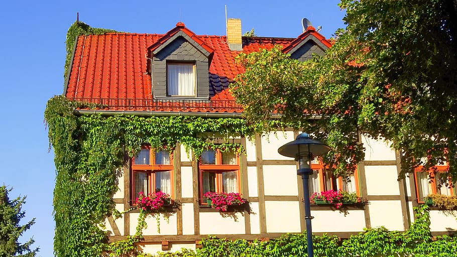 white and red house near street lamp at day time, germany, building HD wallpaper