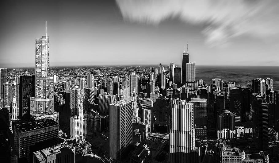 grayscale photography of skyscrapers, chicago, us, the sky, city, HD wallpaper