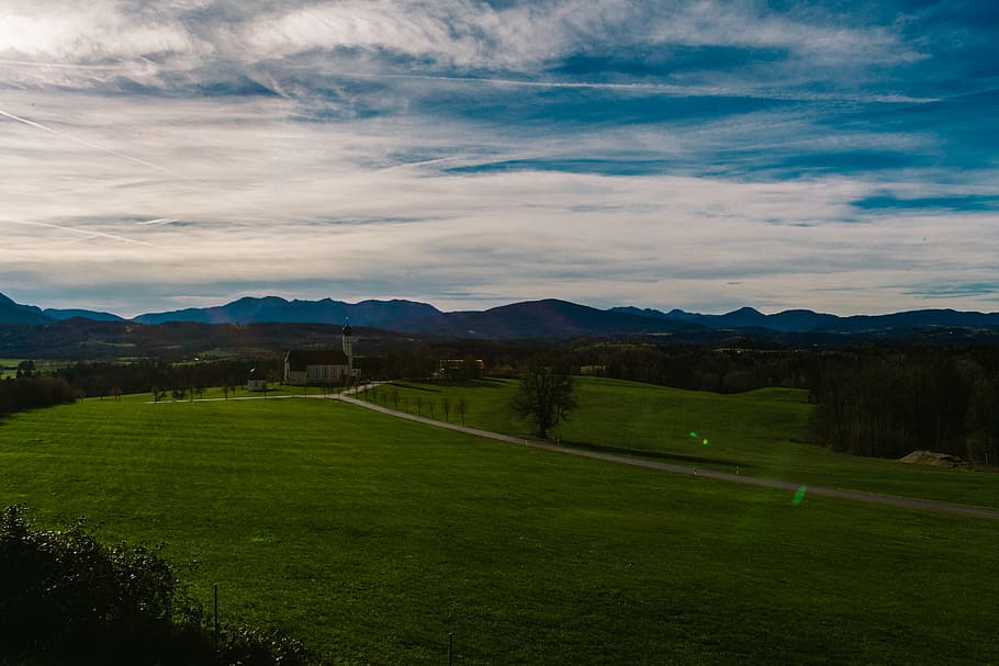 aerial photo of green grass field, daytime, fields, mountains HD wallpaper