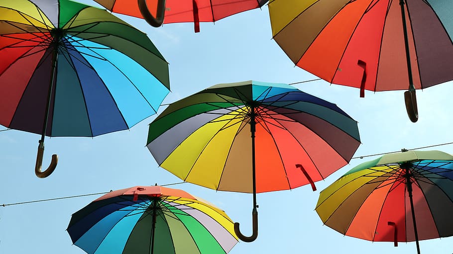 colored, sun umbrellas, rainbow color, decoration, multi colored, HD wallpaper