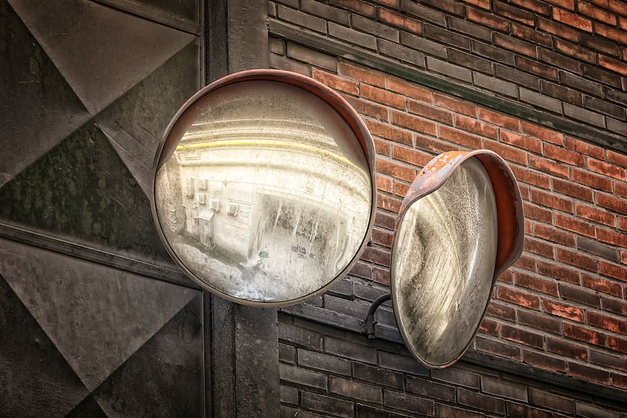 mirror, traffic mirror, caution, exit mirror, road mirror, wall HD wallpaper