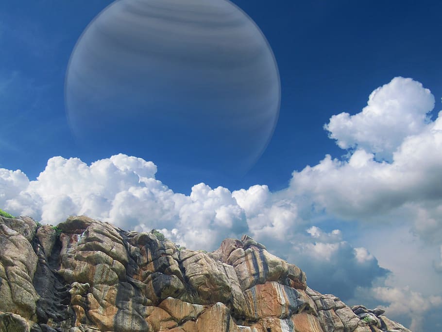 white and gray planet with clouds, exoplanet, exomoon, gas giant