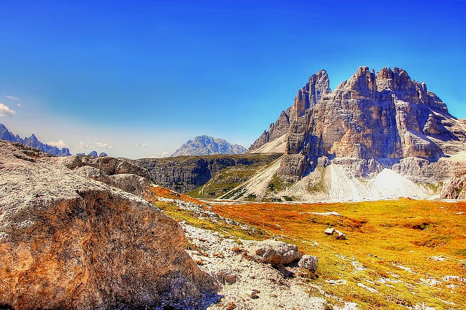 rock mountain under blue sky during daytime, pass ports, dolomites, HD wallpaper