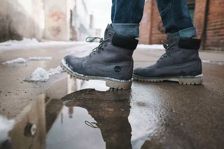 HD wallpaper: person wearing pair of gray Timberland work boots, person ...