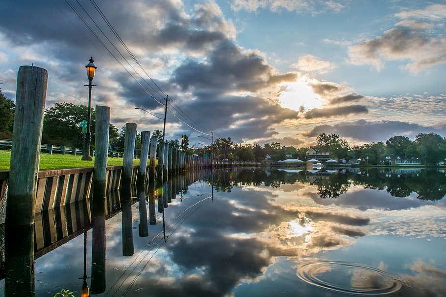 river, sunrise, sky, cloud - sky, reflection, water, nature HD wallpaper