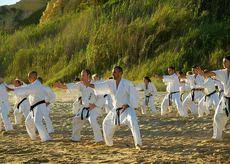 group of people wearing karate gi suit standing on brown sand near green grasses