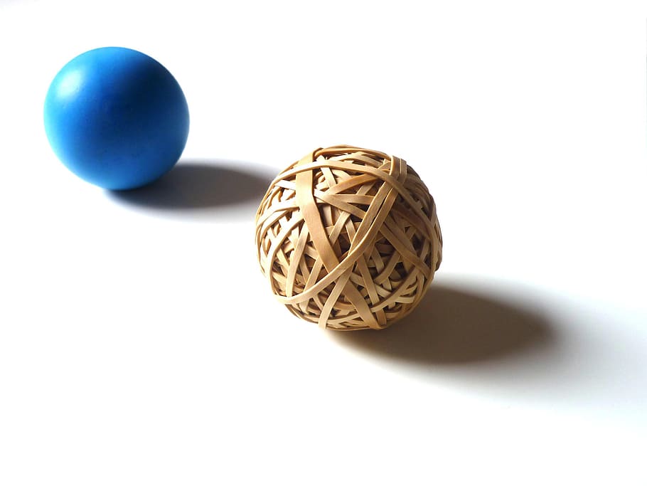round brown wicker ball and blue ball on white surface, Balls HD wallpaper