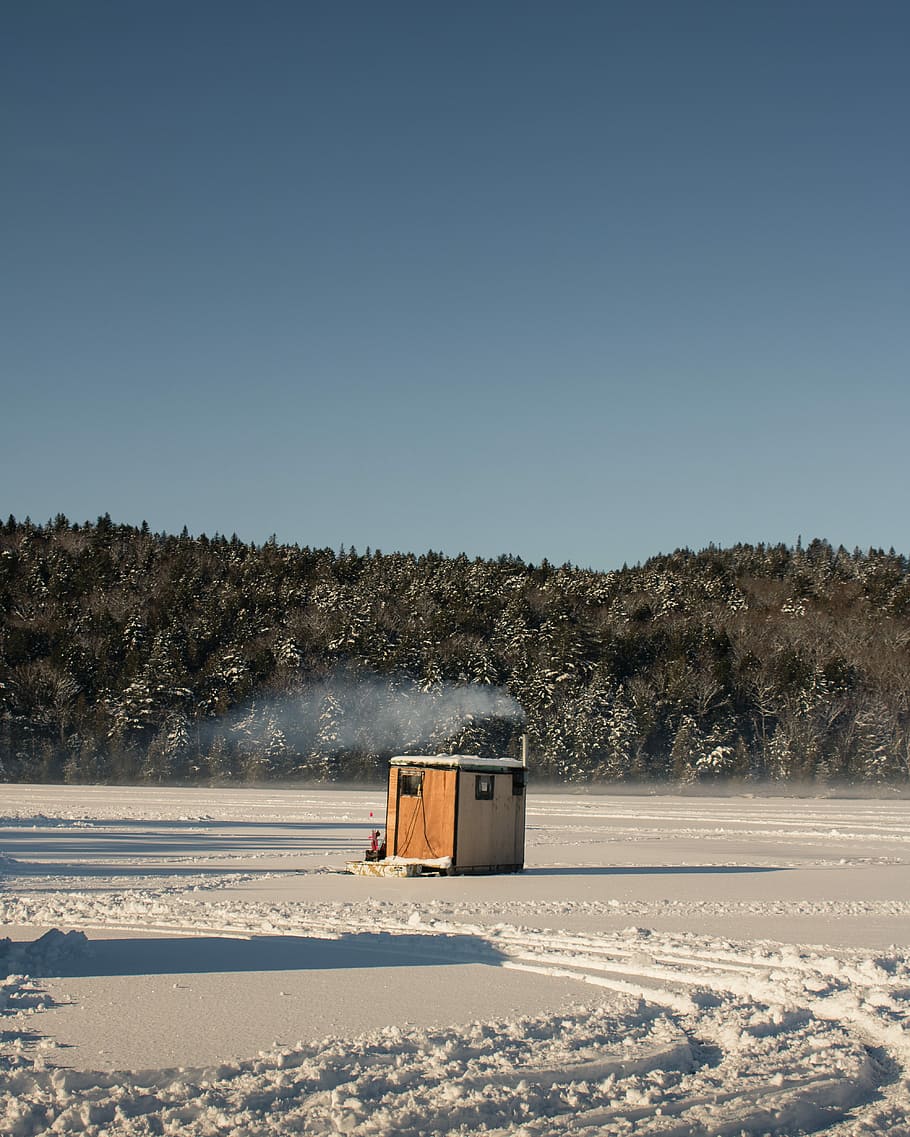 brown shed on snow field, brown wooden storage house in the middle of snow HD wallpaper