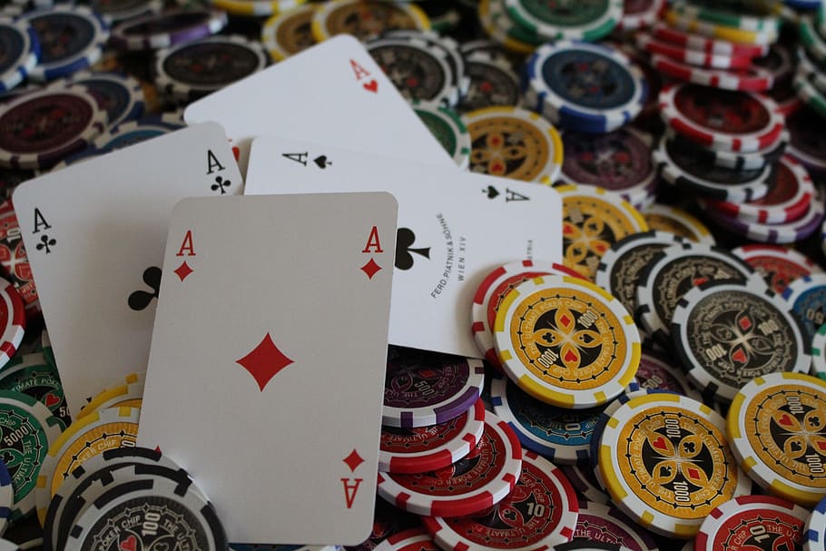 four playing cards, Poker, Ace, Chips, Money, Game, Color, team, HD wallpaper