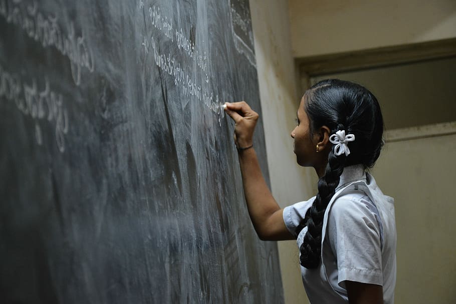girl writing on chalk board, school, study, student, blackboard HD wallpaper