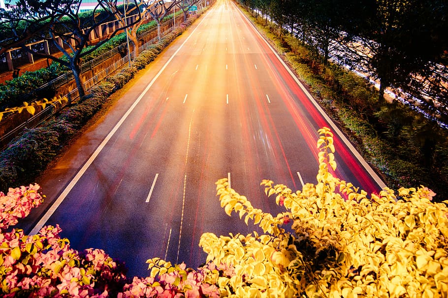 time-lapsed photography of the road with red car lights, photography of road HD wallpaper
