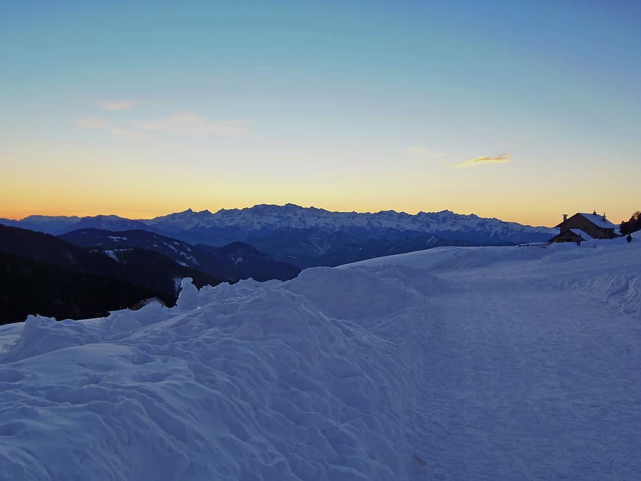 aerial photography of snow under golden hour, snow-covered mountains HD wallpaper