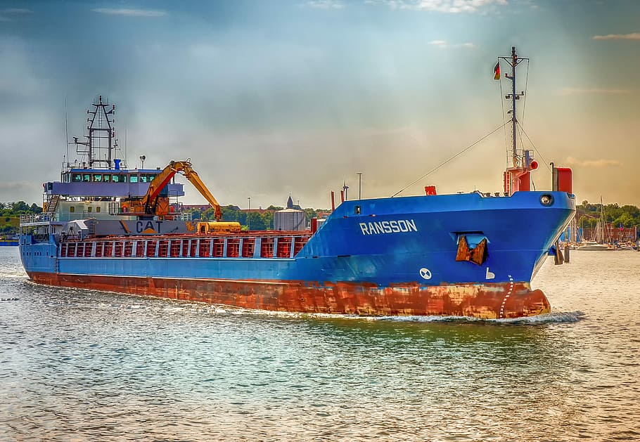 blue and brown cargo vessel on body of water, ship, freighter HD wallpaper