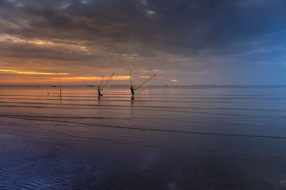 blue sea during golden hour, clam, clouds, coast, full color HD wallpaper