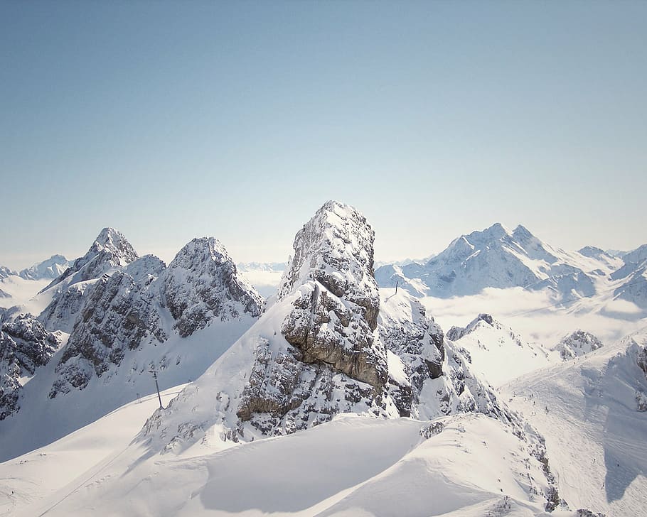 snow-capped mountain at daytime, covered, mountains, peaks HD wallpaper