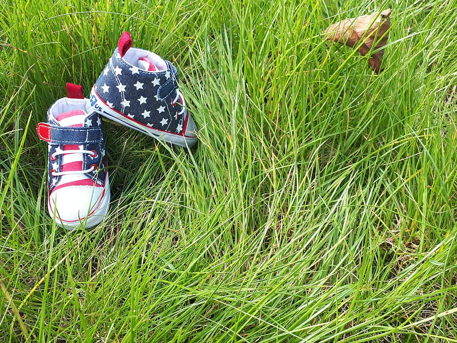 baby shoes, children's shoes, grass, plant, field, land, green color