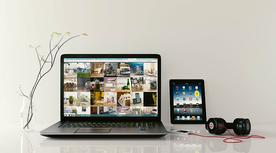 black laptop computer with corded headphones, tab, workstation HD wallpaper