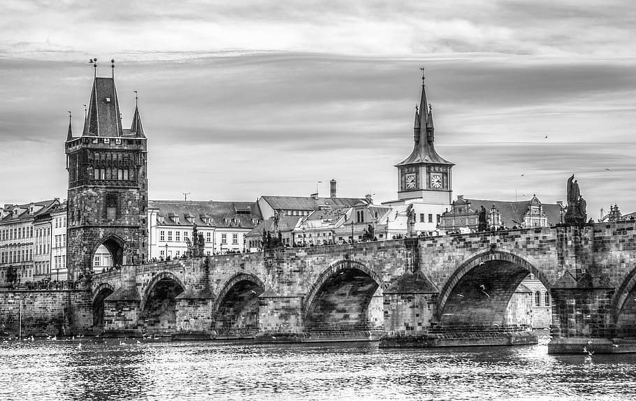grayscale photo of bridge near buildings, prague, castle, vltava HD wallpaper