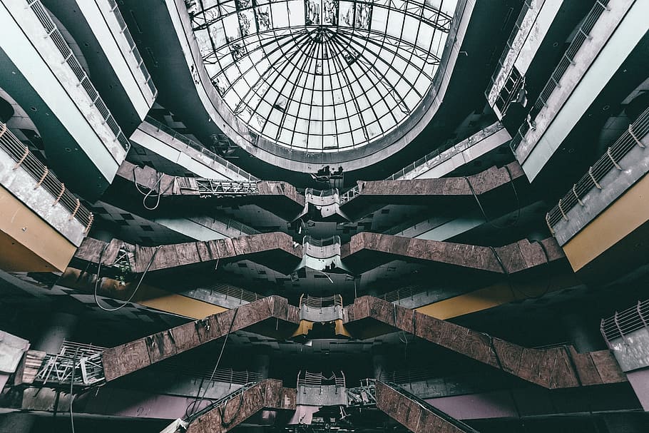 low-angle photography of gray, brown, and black building interior with glass dome room HD wallpaper