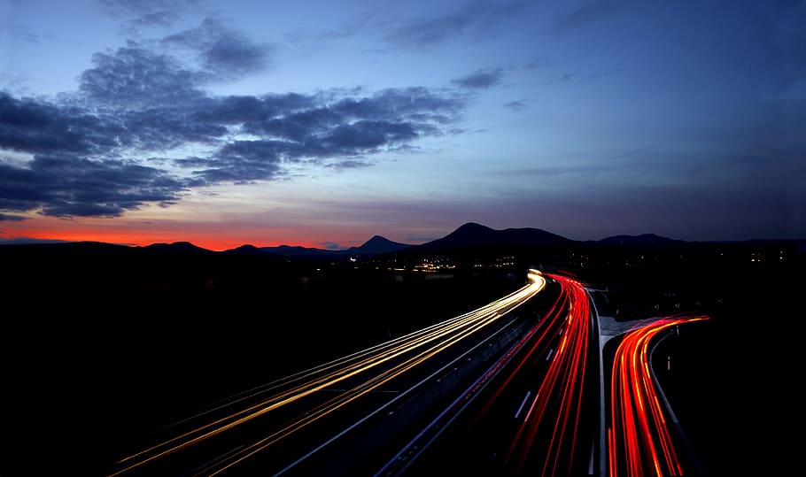 road, traffic, dawn, landscape, asphalt, blurred, clouds, dark HD wallpaper
