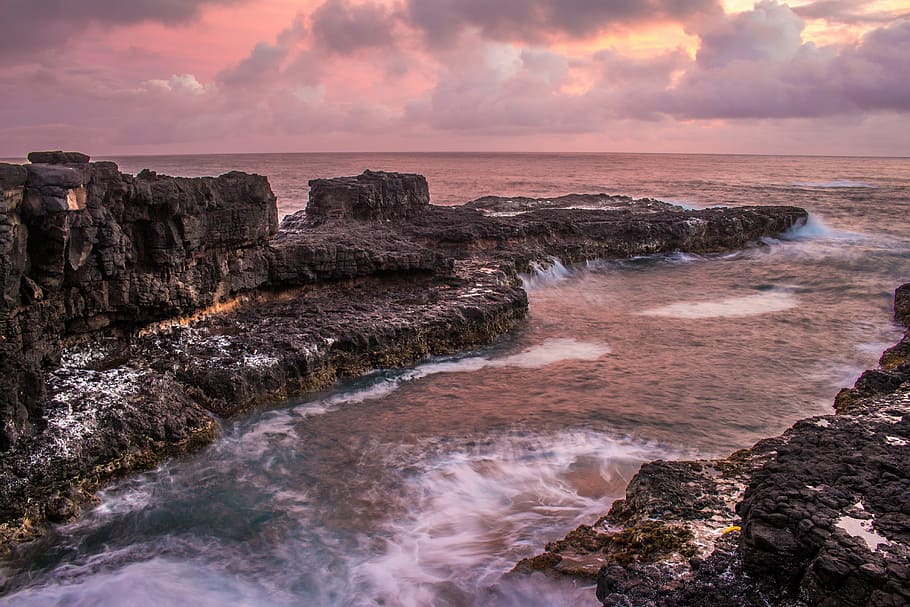 body of water and rock formations, ocean, motion, sea, cliffs HD wallpaper