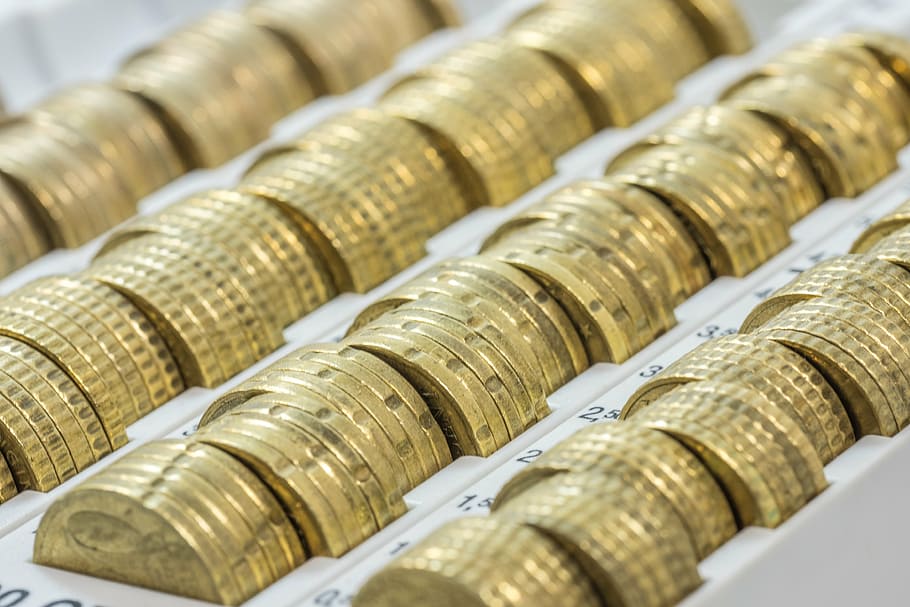stack of gold-colored coins on box, money, euro, currency, specie, HD wallpaper