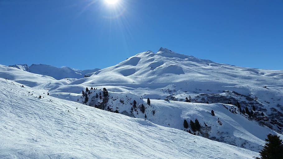 alps mountain under blue sky, skiing, winter, cold, outdoor, alpine, HD wallpaper