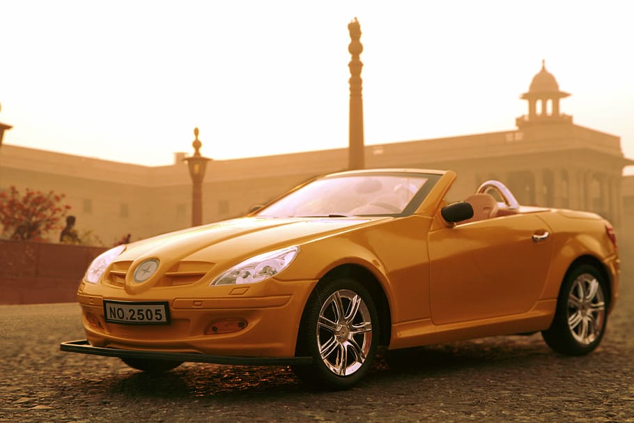 yellow, toy, car, plastic, kids toys, road, auto, transportation HD wallpaper