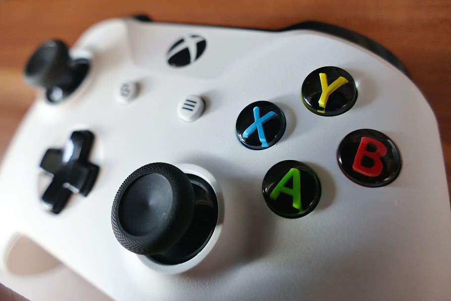 white Xbox One console, x box, joypad, activity, blue, button