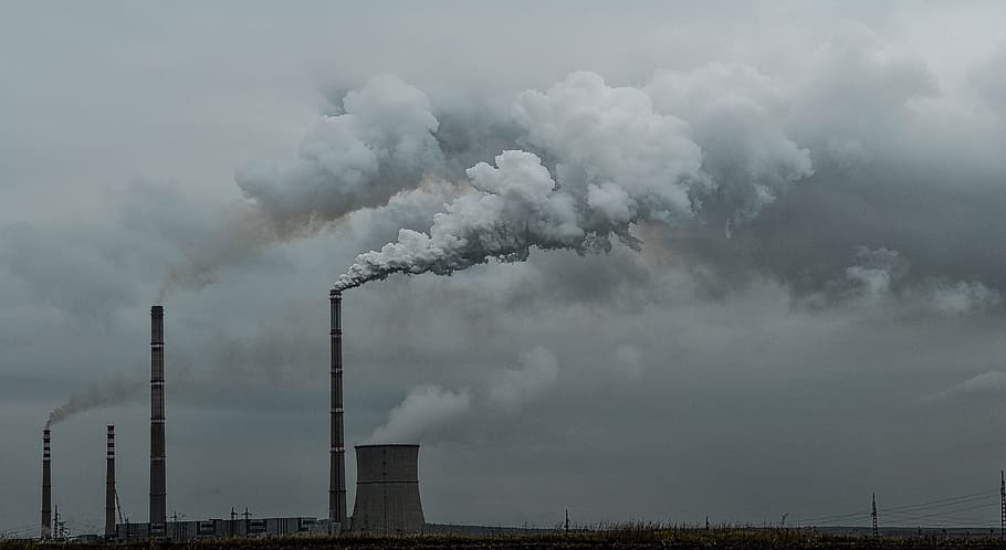 photo of factory during cloudy sky, pollution, smoke, environment