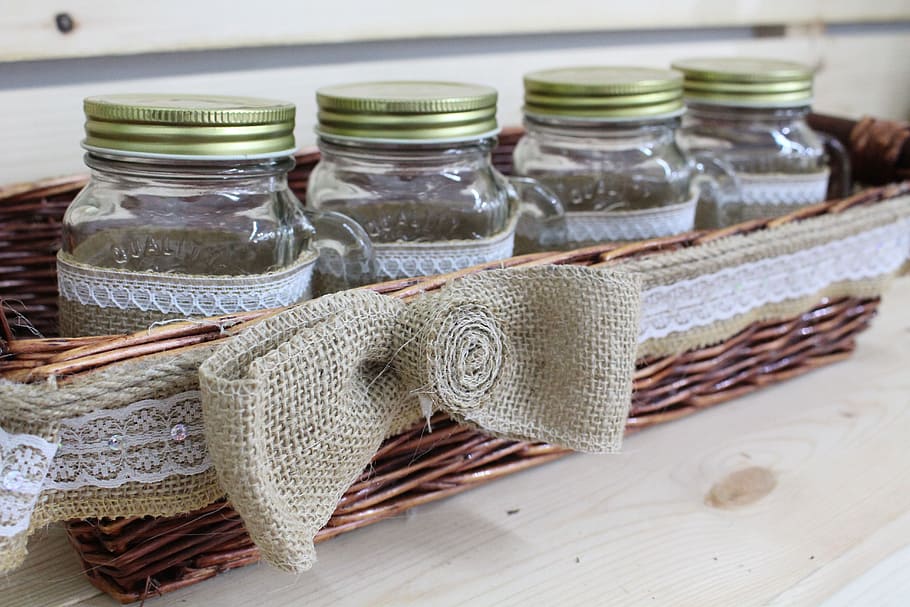 brown wicker tray with three clear mason jars, bottle, decoration HD wallpaper