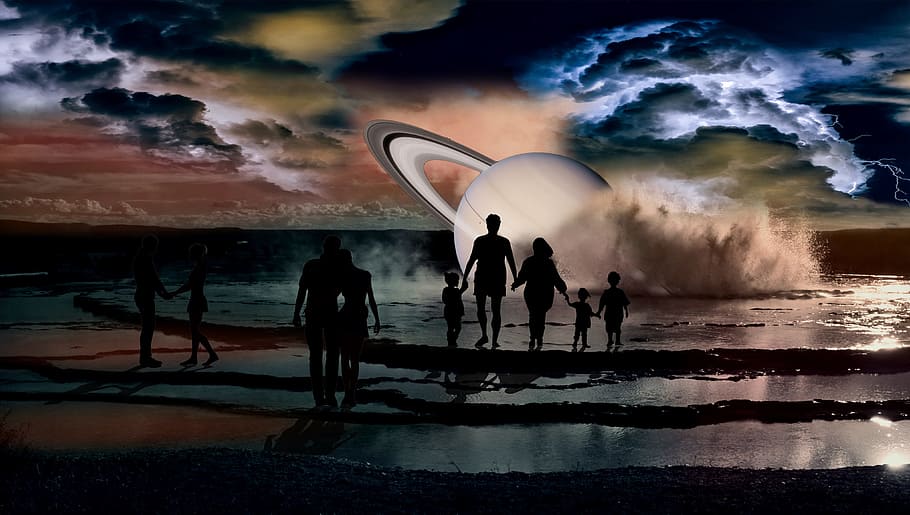 planet, disaster, sky, sad, group of people, water, real people HD wallpaper
