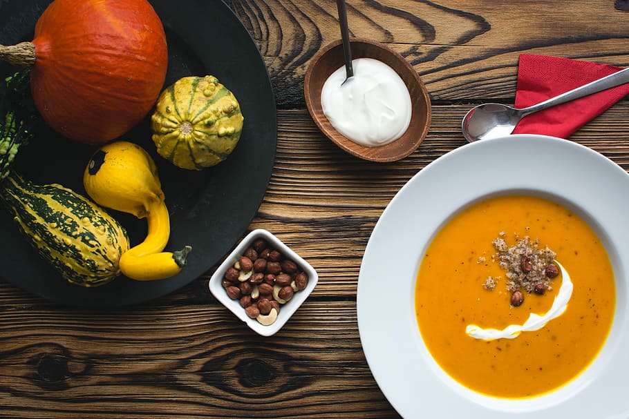 Autumn pumpkin soup, healthy, top view, wood, food, table, vegetable, HD wallpaper