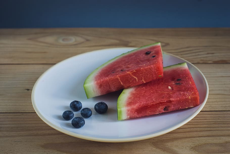 Watermelon, Fruit, Plate, Jagoda, red, blueberries, piece, appetizer HD wallpaper