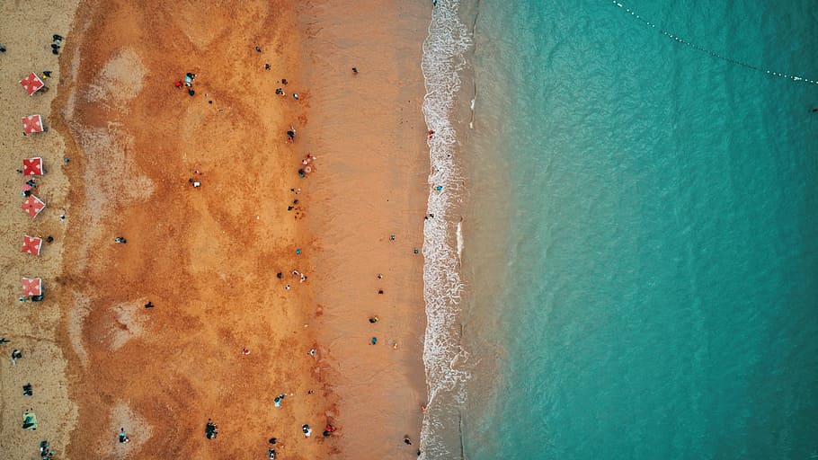 bird's eye photograph of beach, aerial photography of people near sea shore HD wallpaper