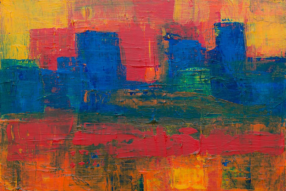 blue, yellow, and red abstract painting, vibrant color, contemporary art
