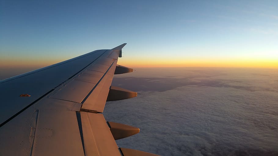 gray airplane wing, sky, cloud, planes, horizon, sunset, flying, HD wallpaper