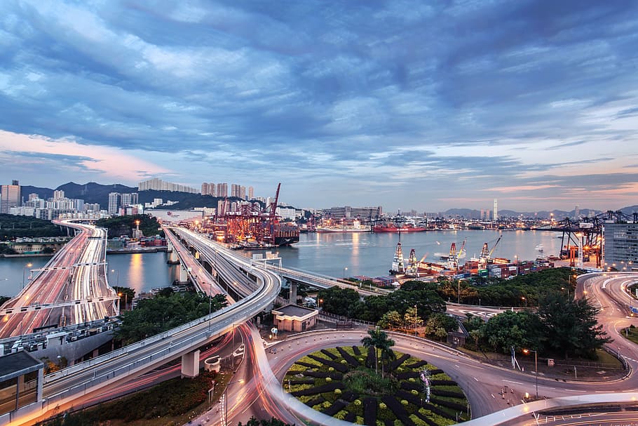 timelapse photo of highway during sunset, bridges, traffic HD wallpaper