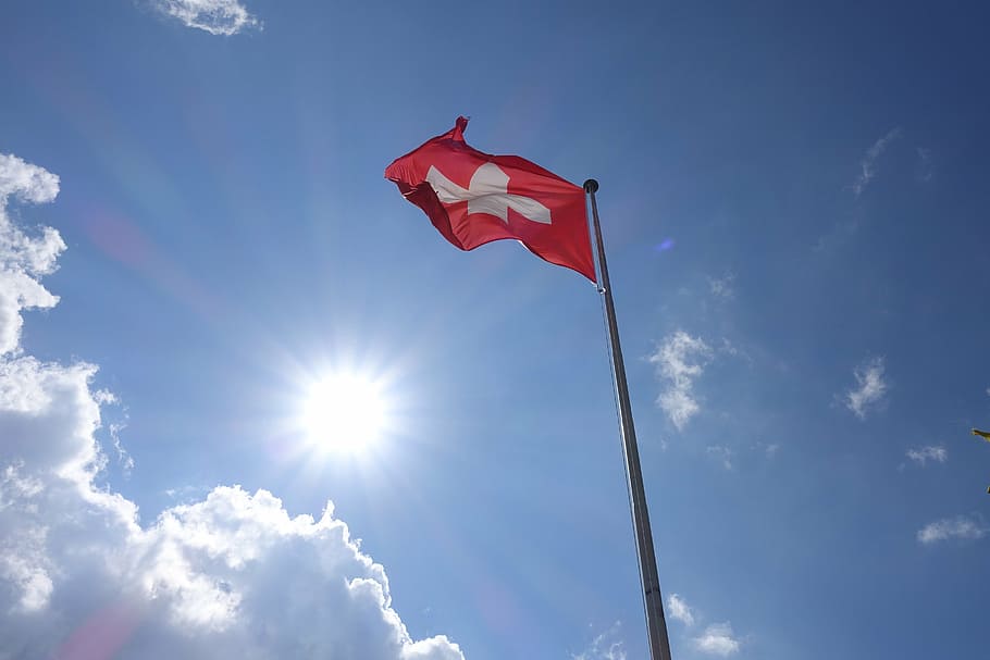 switzerland, flag, cross, clouds, flutter, red, white, patriotism HD wallpaper