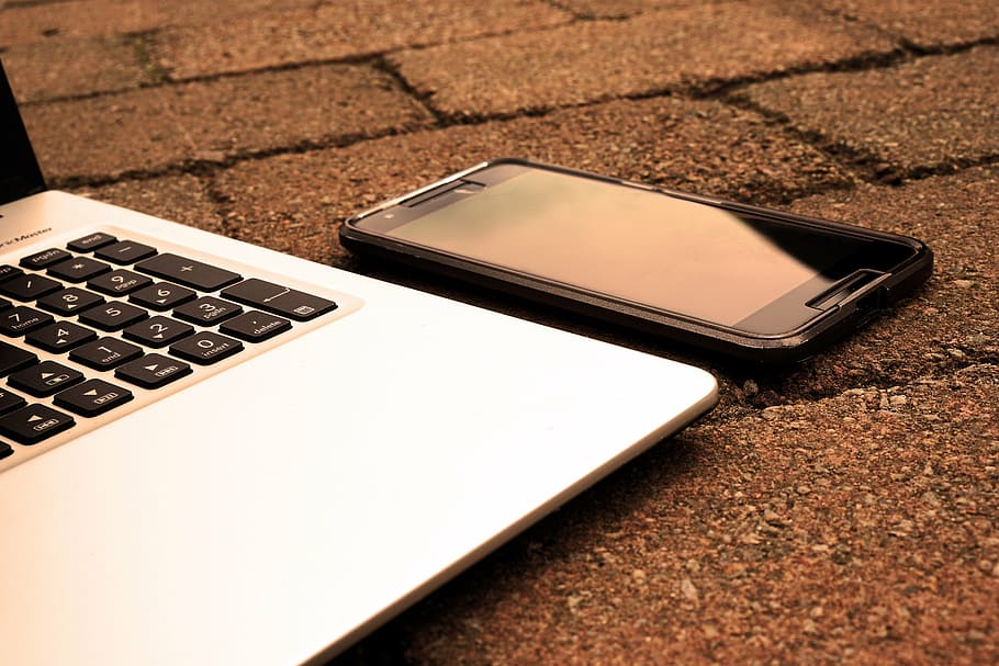 black smartphone beside laptop, computer, office, work, from home HD wallpaper