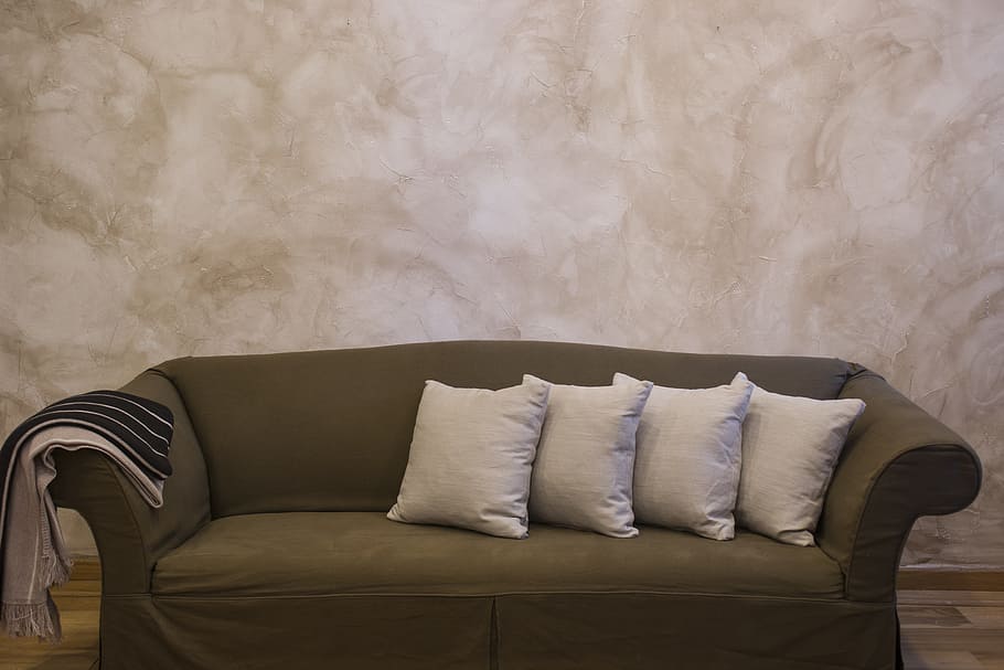 empty gray fabric sofa and four white throw pillows, decoration, HD wallpaper