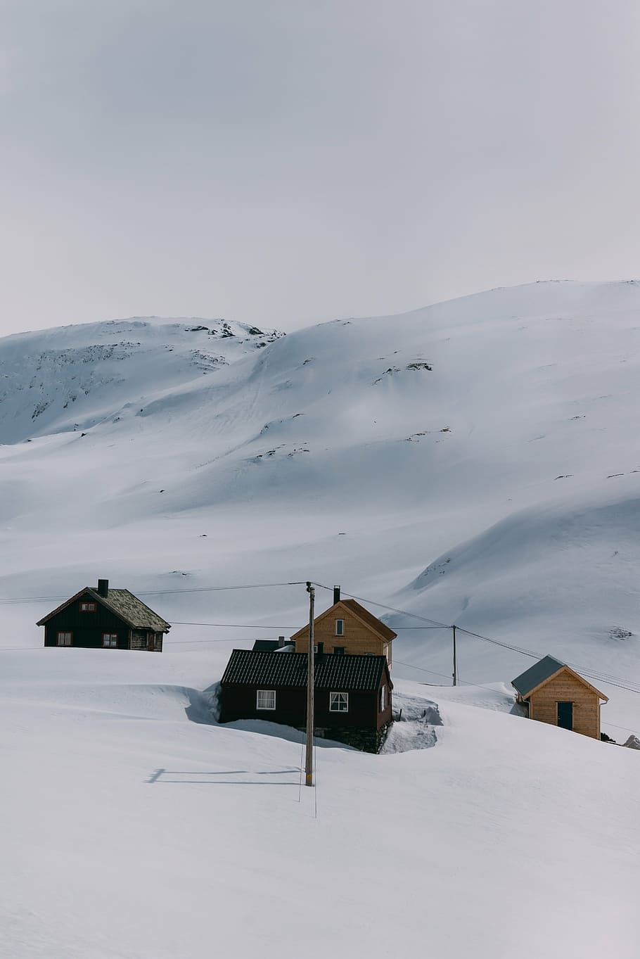 four houses surrounded by snow, mountain, highland, cloud, sky HD wallpaper