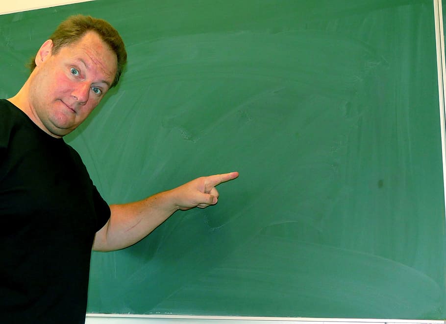 man pointing at chalkboard, teacher, note, newsletter, teaching, HD wallpaper